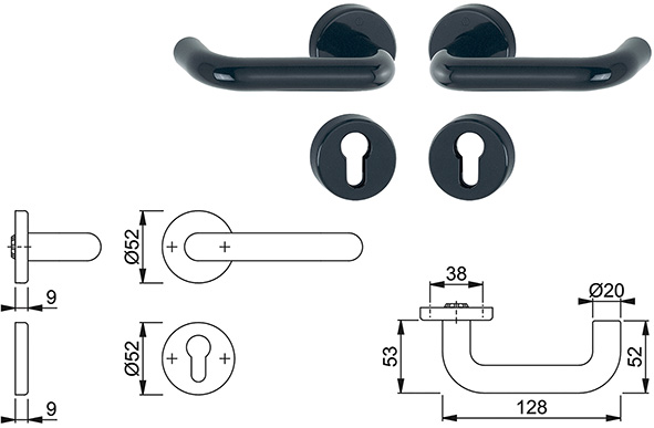 MANIGLIE HOPPE KIT BADEN NERO X CILINDRO SAGOMATO 