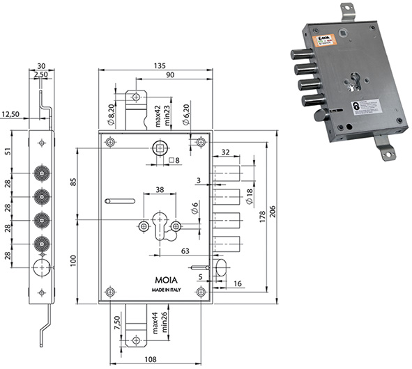SERRATURE MOIA 664/280DFB  REVERSIBILE            