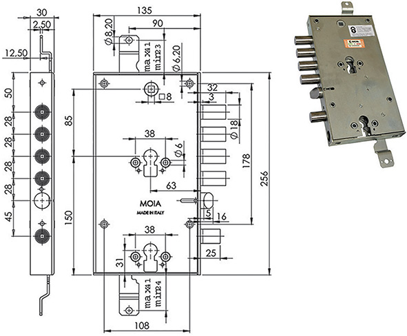 SERRATURE MOIA 6654/280DFB/S1  REVERSIBILE        